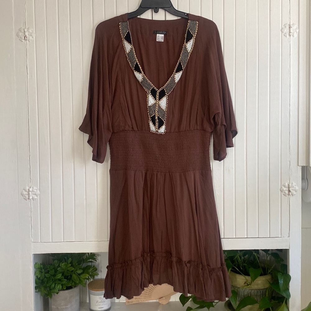 Mini Dress / Brown with Bead detail